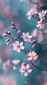 Blossom Reverie in Teal: Pink Petals Dance Through Dreamscape.