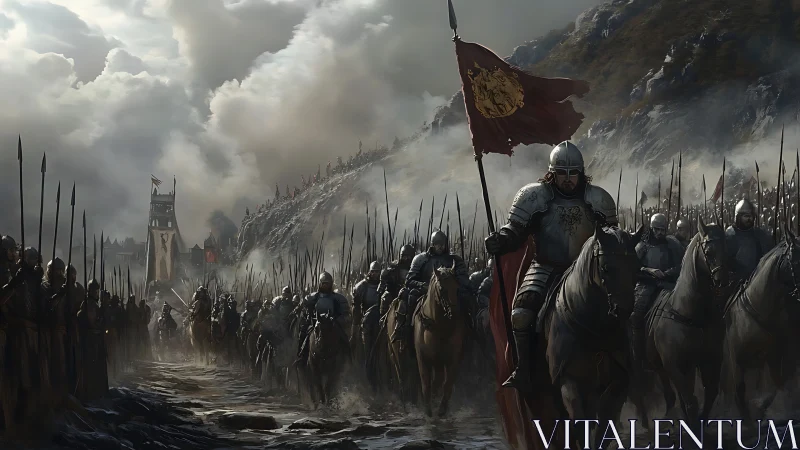 Armored cavalry advance through mist toward besieged citadel.