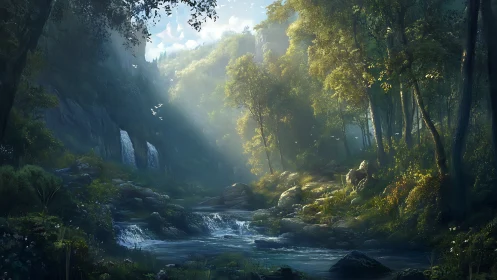 Temperate Canyon Valley: Cascading Water Through Luminous Forest Canopy