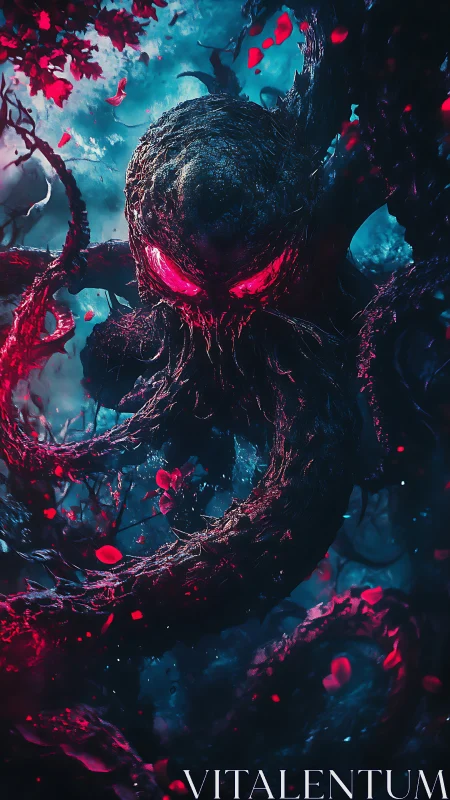 Eldritch forest entity coils through neon scarlet petals.