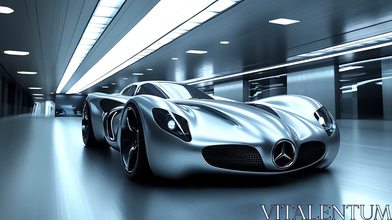 Futuristic Mercedes concept car rendered in dynamic tunnel lighting