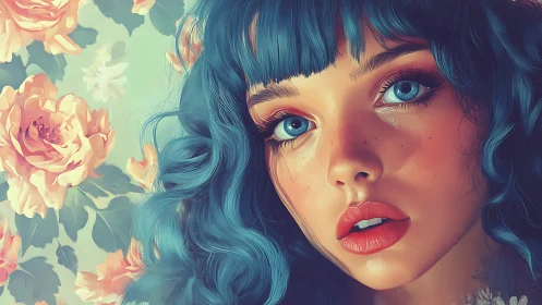 Digital portrait of blue haired woman with floral backdrop