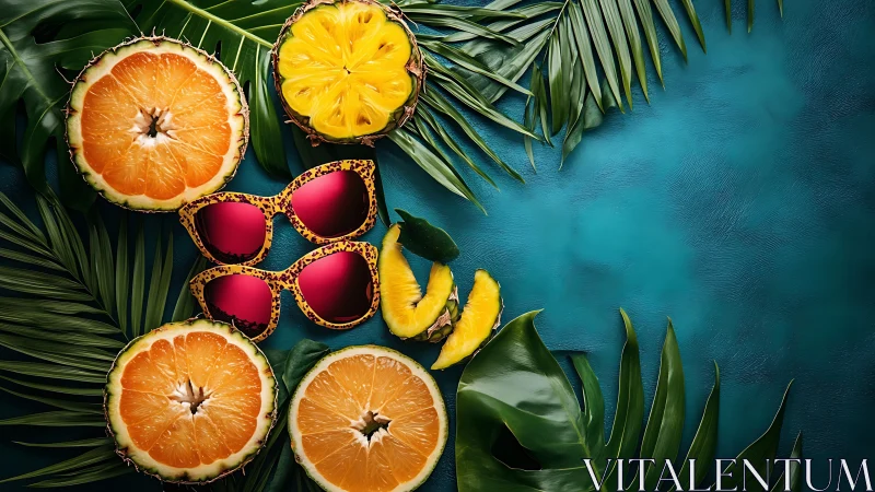 Tropical citrus slices, pineapple and sunglasses on teal.