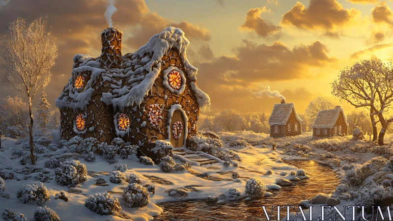 Sugared winter cottage quietly simmers under caramel skies