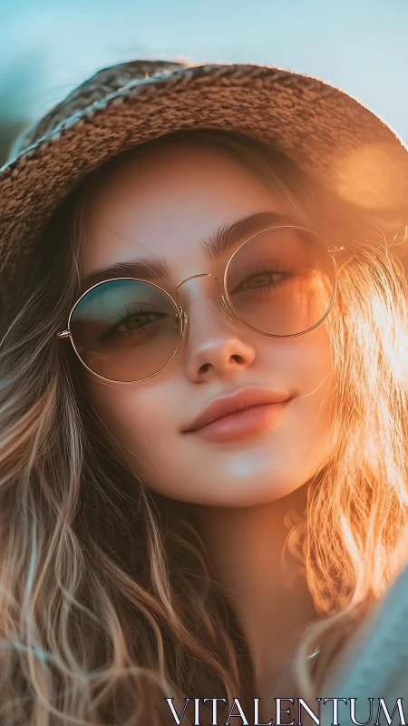 Young woman wearing sunglasses in warm evening sunlight