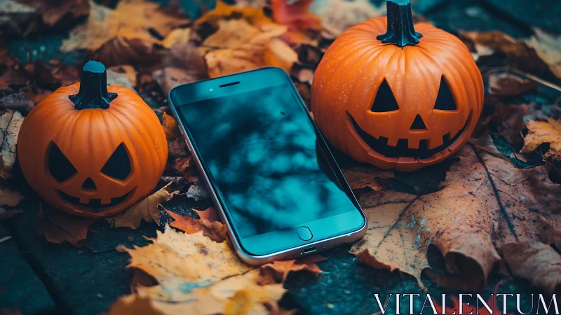 Jack-o'-Lanterns With Mobile Device Among Autumn Foliage