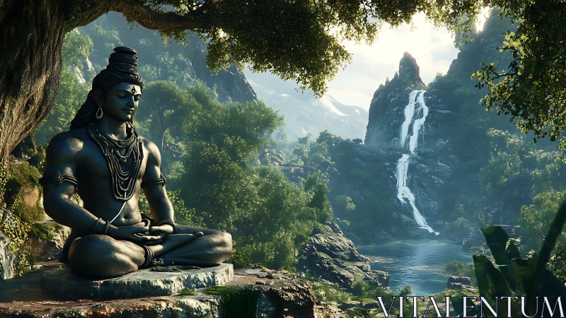 Meditating Shiva statue overlooks misty waterfall valley