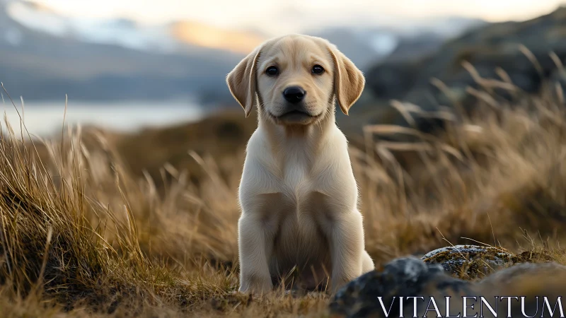 Young pale dog sitting in dry grassland landscape outdoors.