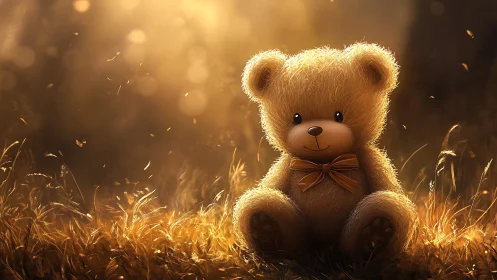 Sunlit teddy bear resting softly in a golden meadow glow.