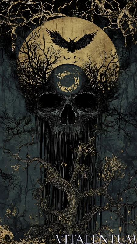 Dark crow and skull merging with twisted forest moon