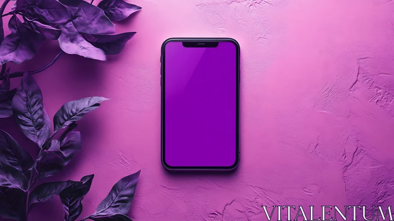 Smartphone with purple display on pink textured surface with plants