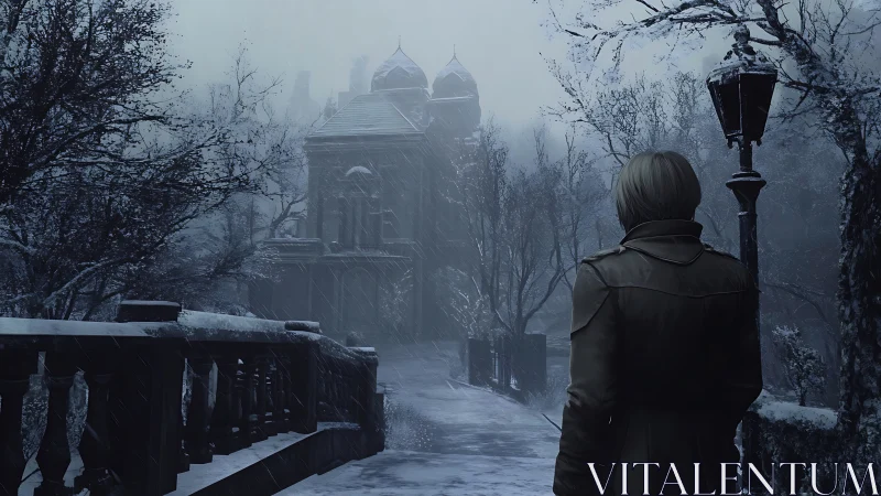 Lone wanderer on a snow-laced path to a haunted manor.