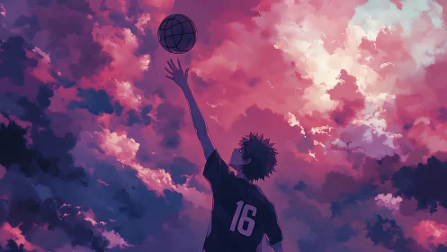 Teen athlete reaches toward basketball under glowing sky