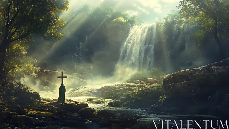 Backlit cloaked figure with cross before luminous cascade.
