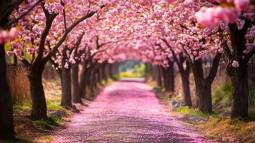 Cherry blossom tree tunnel framing quiet pink petal path.