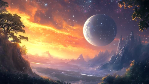 Twilight valley beneath a looming crystal moonrise horizon.