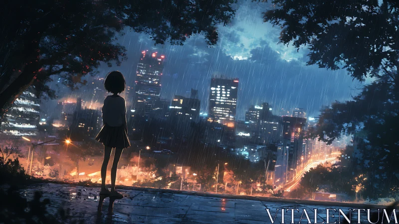 Rain-soaked overlook with lone girl above neon cityscape.