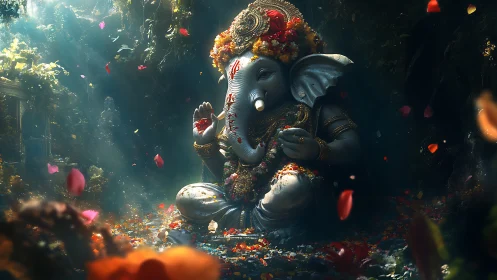 Divine stone Ganesh idol in luminous jungle shrine glow.