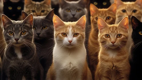 Multiple Cats Grouped Together with Varied Coat Coloration