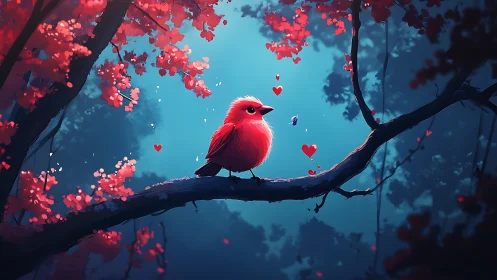 Red songbird on branch in glowing blue forest scene.