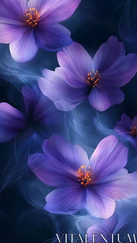 Ethereal Purple Blooms Float in Dreamlike Blue Mist.