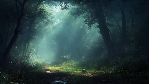 Enchanted Forest Path with Glowing Sunlight