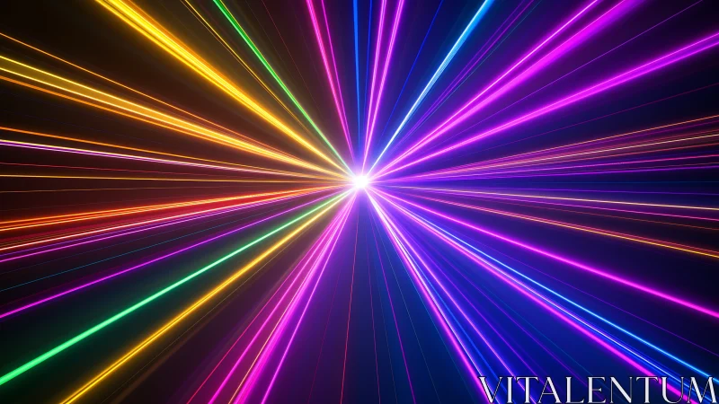 Neon lightburst tunnel with converging laser streaks.