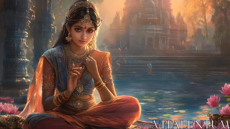 Temple dusk braids quiet river light around jeweled muse