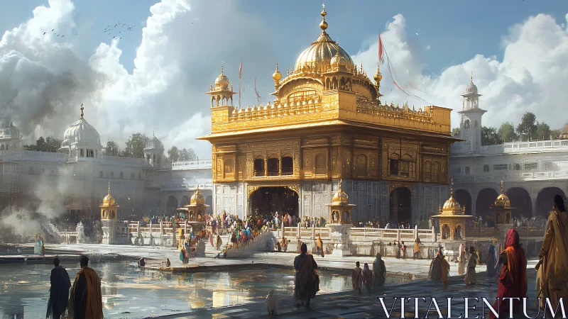 Golden temple courtyard with pilgrims around sacred pool.