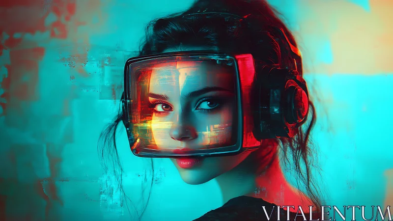 Cyberpunk portrait with retro CRT visor and neon bicolor lighting