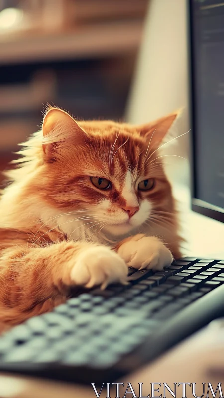 Orange Tabby Cat Focused at Computer Desk