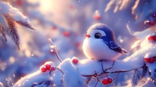 Cute winter bird on snowy branch in dreamy, soft-focus style.