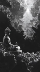 Monochrome digital painting of meditative Buddha in cloud cavern.
