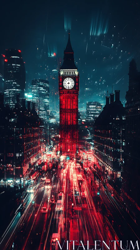 Neon-soaked clocktower dominating cyberpunk night avenue.