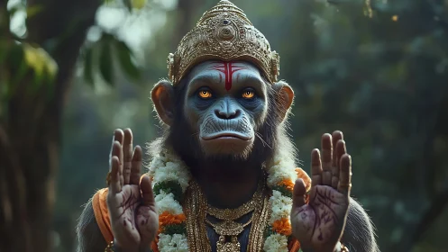 Divine simian deity portrait in ornate forest ritual regalia.