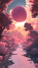 Celestial pink sphere above luminous pastel dreamscape.