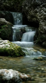 Whispering woodland cascade over mossy stones in shade.