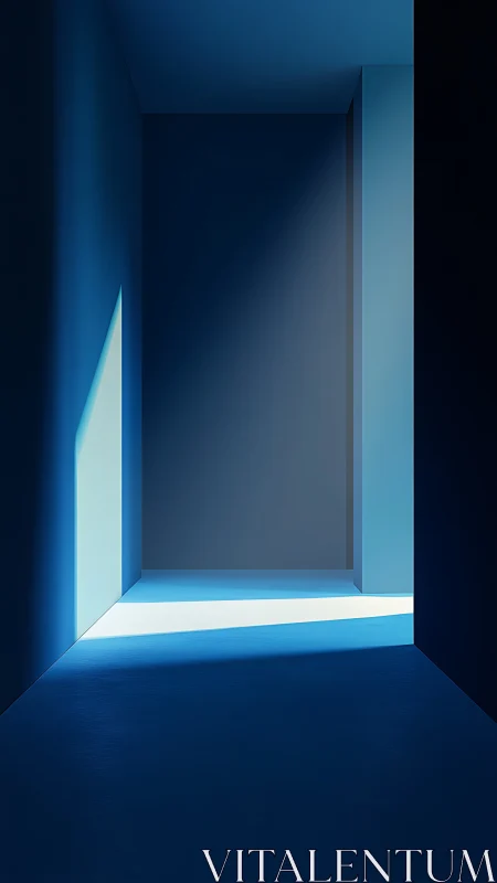 Geometric blue corridor articulates light and shadow planes