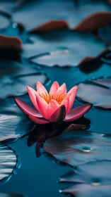 Macro close up of pink water lily on teal reflective pond