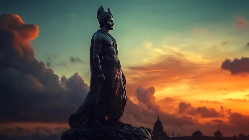 Sunset guardianship of a timeless heroic stone figure.