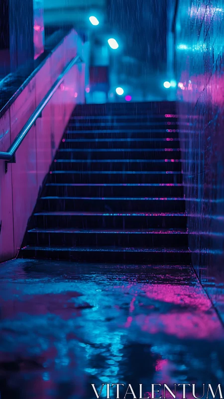 Neon lit stairwell glows through heavy night rain