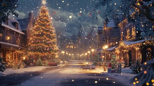 Snow-covered festive street showcases illuminated Christmas tree