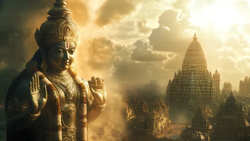 Golden deity watching over misty temple kingdom at dawn.