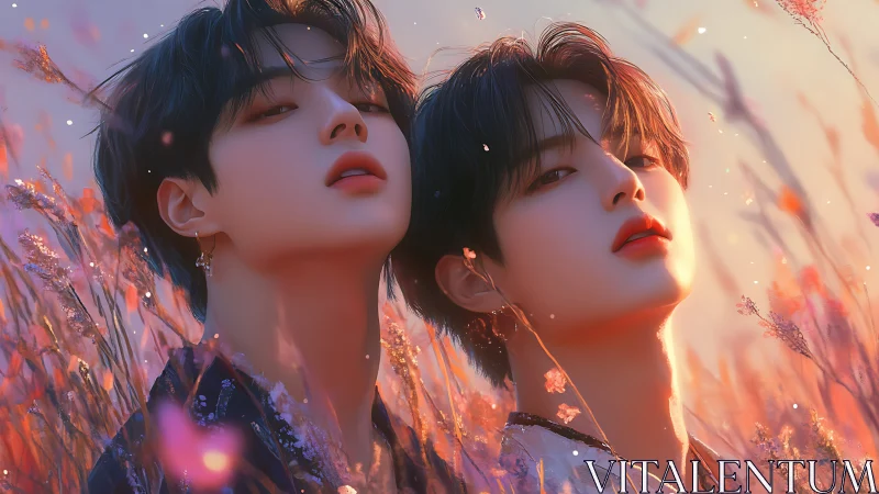 Two stylized youths pose closely in glowing sunset field