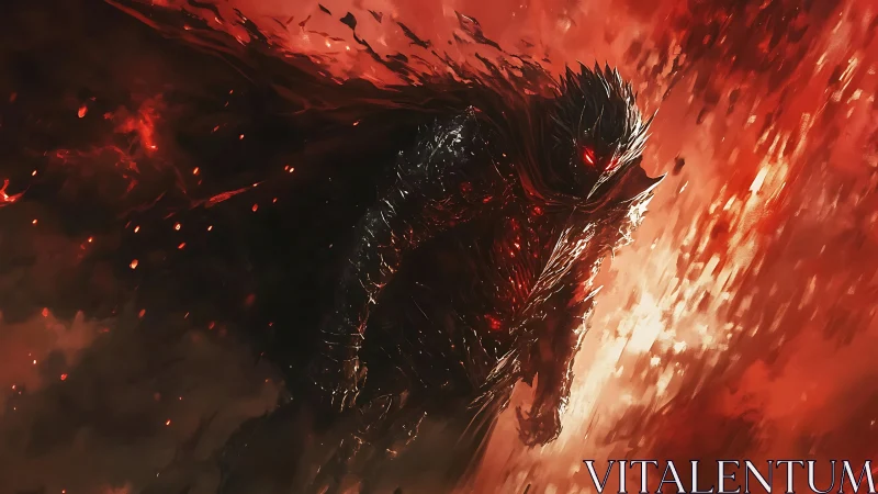 Armored infernal wraith emerges through turbulent red energy field