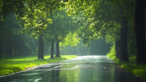 Rain-washed forest road glows softly beneath summer light