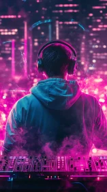 DJ in neon cityscape mixing electronic music on stage.