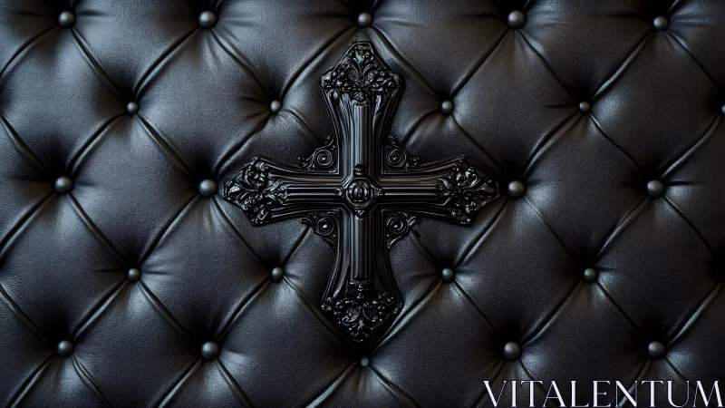 Ornate black cross on tufted leather background, gothic style.