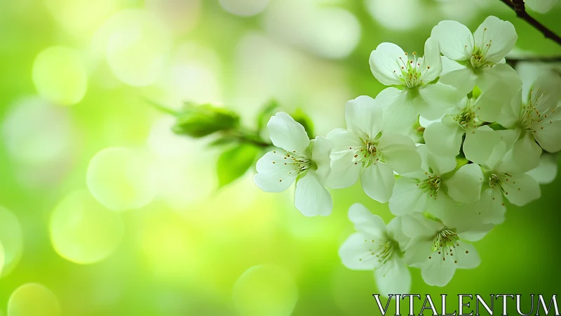 Delicate White Blossoms in Soft Green Bokeh Environment.