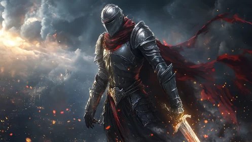 Armored knight strides through burning stormlit battlefield.